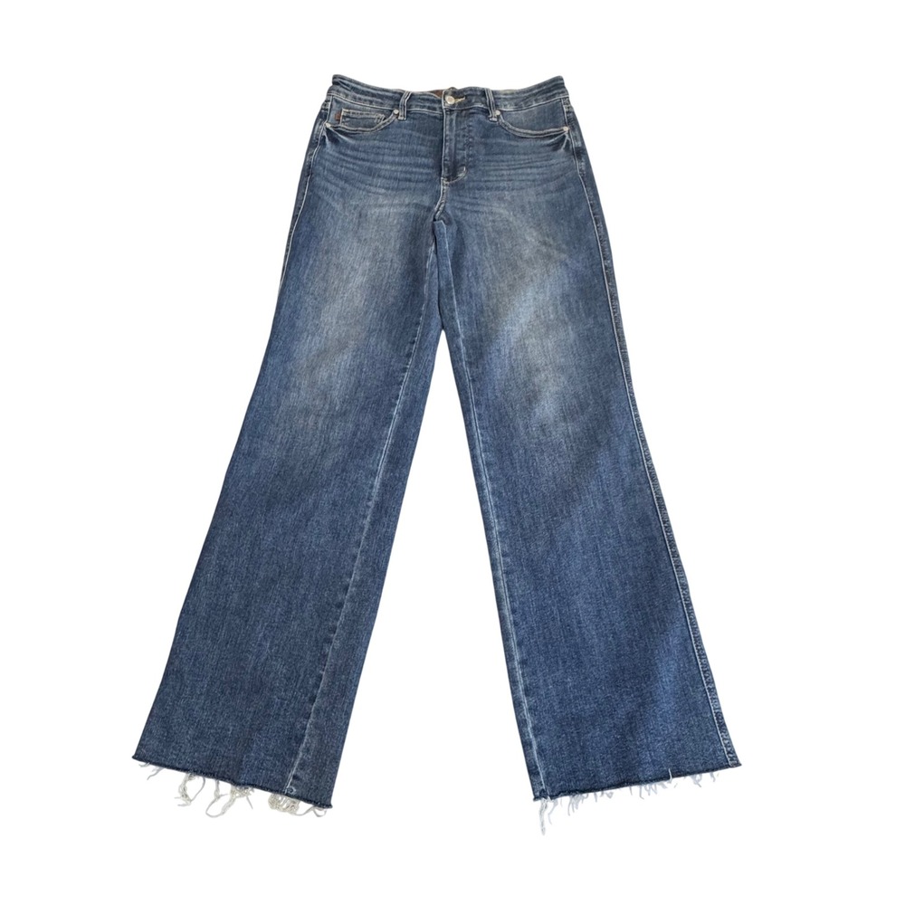 Judy Blue Straight Fit Jeans Sz 11/30 Raw Hem High Rise Soft Classic Blue Denim - Picture 2 of 10